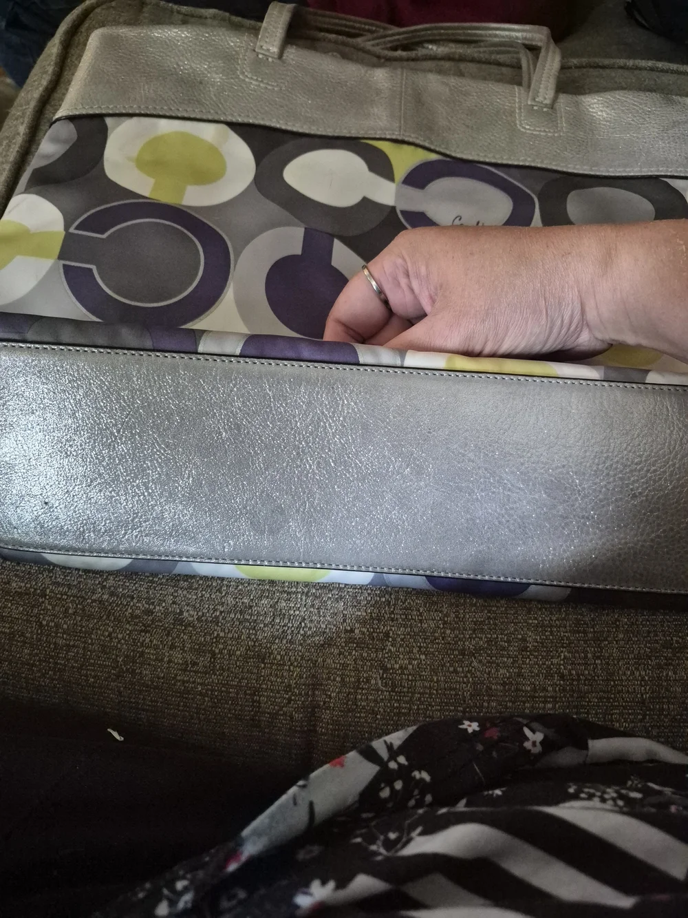 Coach Metallic Silver Tote with Patterned Panel